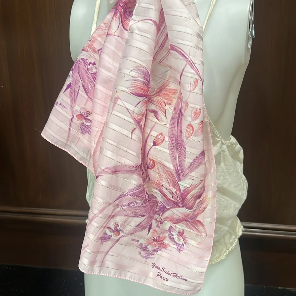 Vintage 1970s Scarf Oblong Sheer Monaco Monte Carlo Pink Rose Floral Ombre
